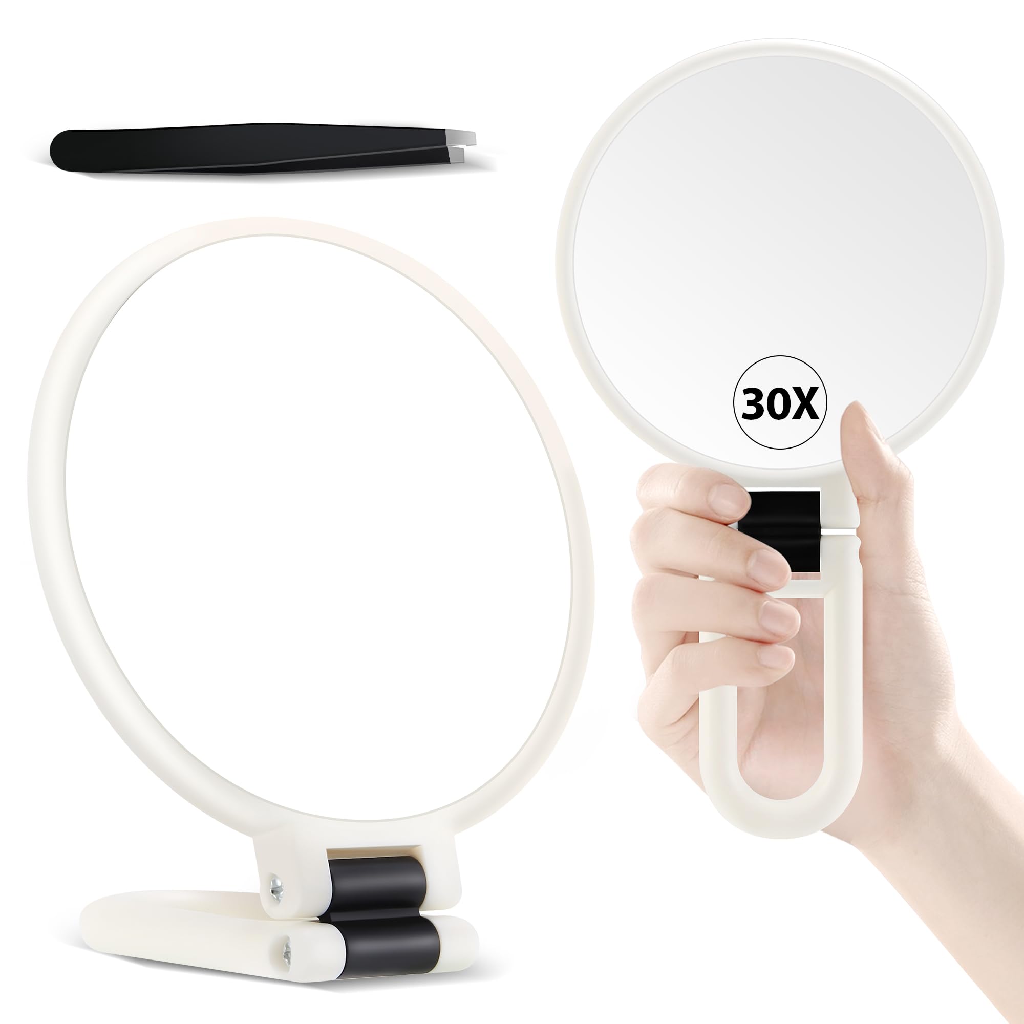 MIYADIVA Hand Mirror, 30X Magnifying Mirror on Stand, Double Sided Magnifying with 30X/1X Magnification, 360°Adjustable Handle, Portable Travel Makeup for Eyebrow Plucking Pearly White