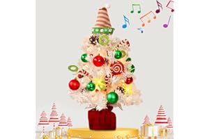 BSTDECOR Mini White Christmas Tree, Small Flocked Christmas Tree with Lights and Music Tabletop Artificial Pre-lit Xmas Tree Christmas Decorations Indoor Outdoor for Home Decor Party Gifts