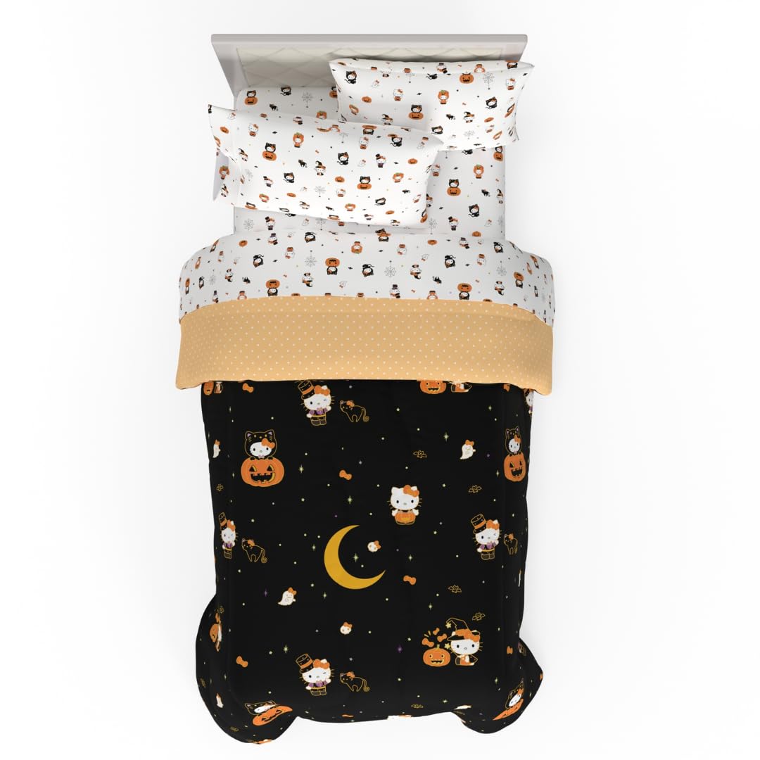 Sanrio Hello Kitty Halloween Pumpkin Twin Bed Set – Super Soft & Cozy 4 Piece Reversible Comforter and Sheet Set (Officially Licensed Product) by Franco Image