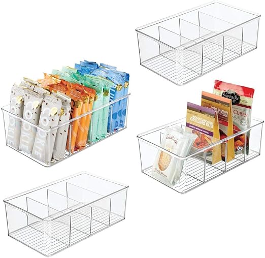 mDesign Plastic Food Storage Organizer Bin Box 4 Divided Sections