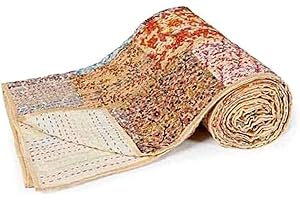 Rajasthaniartdecor Indian Handmade Vintage Silk Sari Patola Ethnic Reversible Blanket Bedspread Throw Stitch Patchwork Kantha Quilt (Beige, Poster 40x60 Inch)