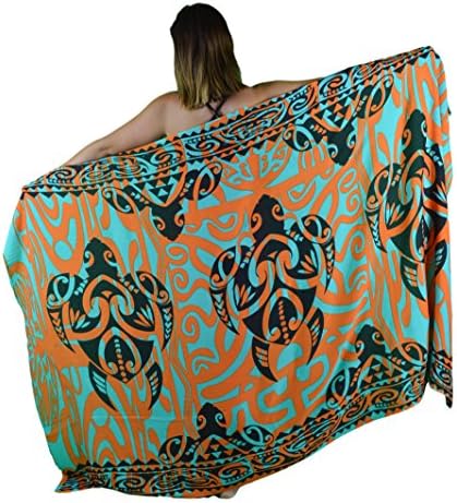 Island Style - Full-Sized Sarong - Tattoo Turtle Trio (Seafoam / Orange / Black)