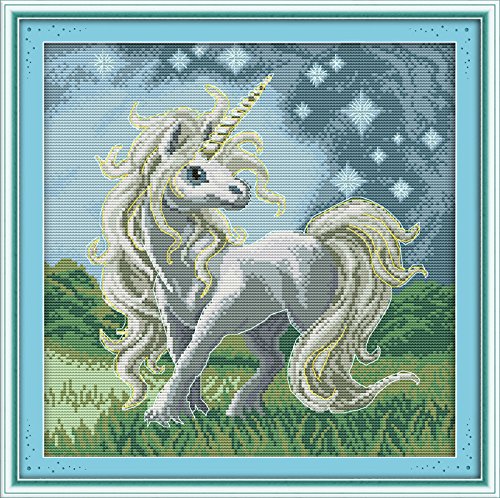 Cross Stitch Embroidery Starter Kit including 14 Count 13"x13" classic reserve Aida colored threads and tools Beautiful Unicorn (No Frame) - Thumbnail 4