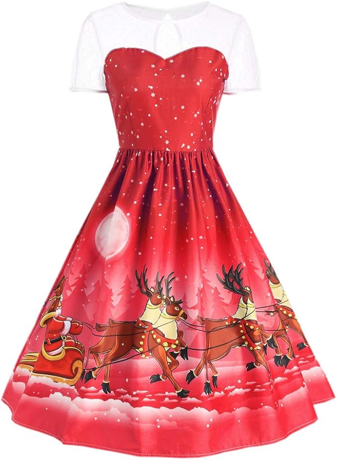 Christmas Dress, Women's Vintage Dresses, Short Sleeve O Neck Printing Princess Red at Amazon 