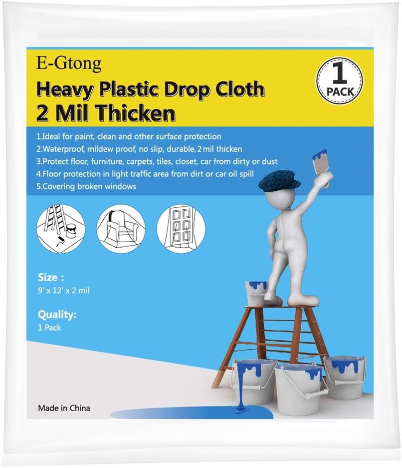 E-Gtong 1-Pack 2 Mil Plastic Drop Cloth, 9-Feet by 12-Feet Heavy Duty Plastic Painting Tarp, Waterproof Clear Plastic Tarp, Plastic Sheeting for Furniture, Wall Painting, Patio - - 