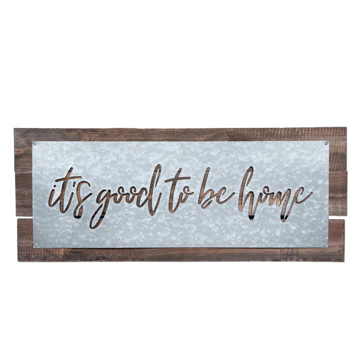 Brownlow Gifts Galvanized Metal Plate Sign on Wood-Plank Base Wall Décor, 22 x 9-Inches, Good to Be Home