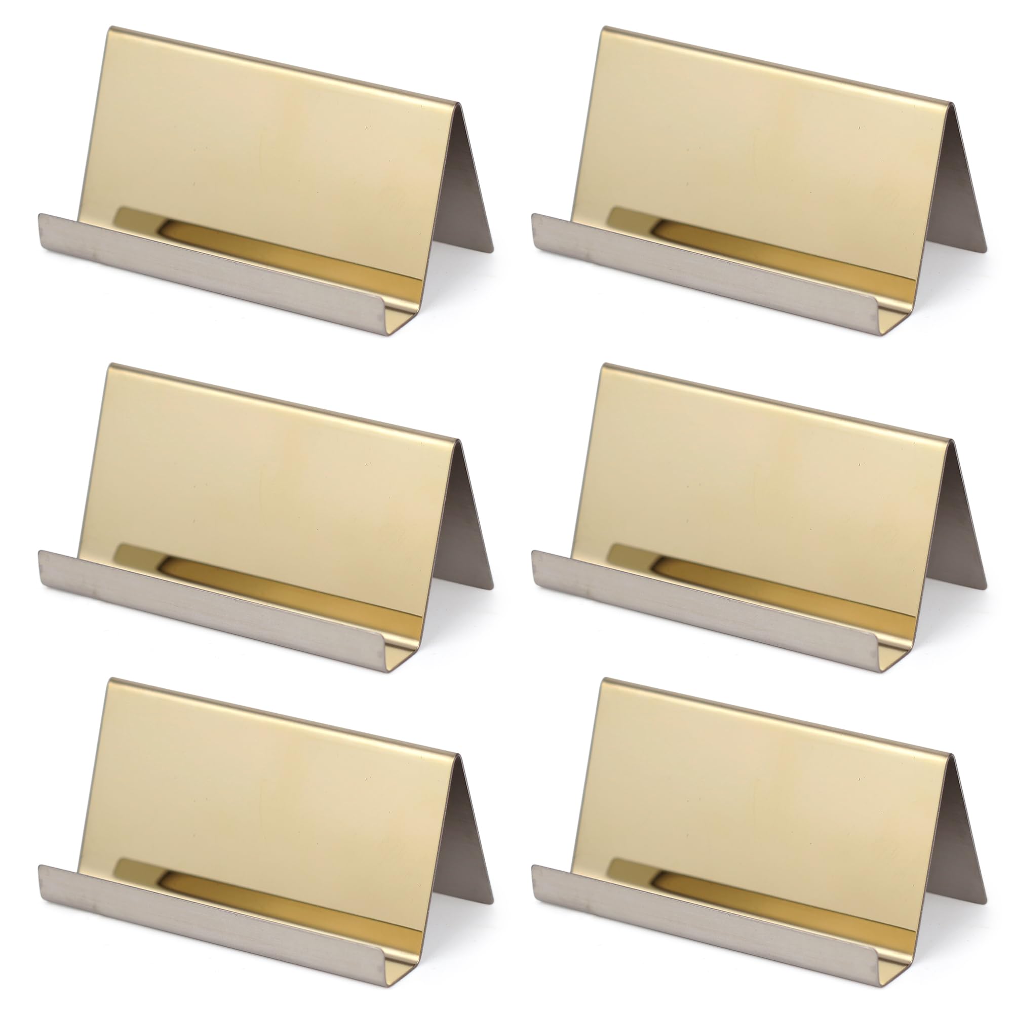 WENLISELL 6Pcs Stainless Steel Business Card Holders for Desk, Champagne Gold Business Card Stands, Metal Businesses Cards Display for Desk Office, Desktop
