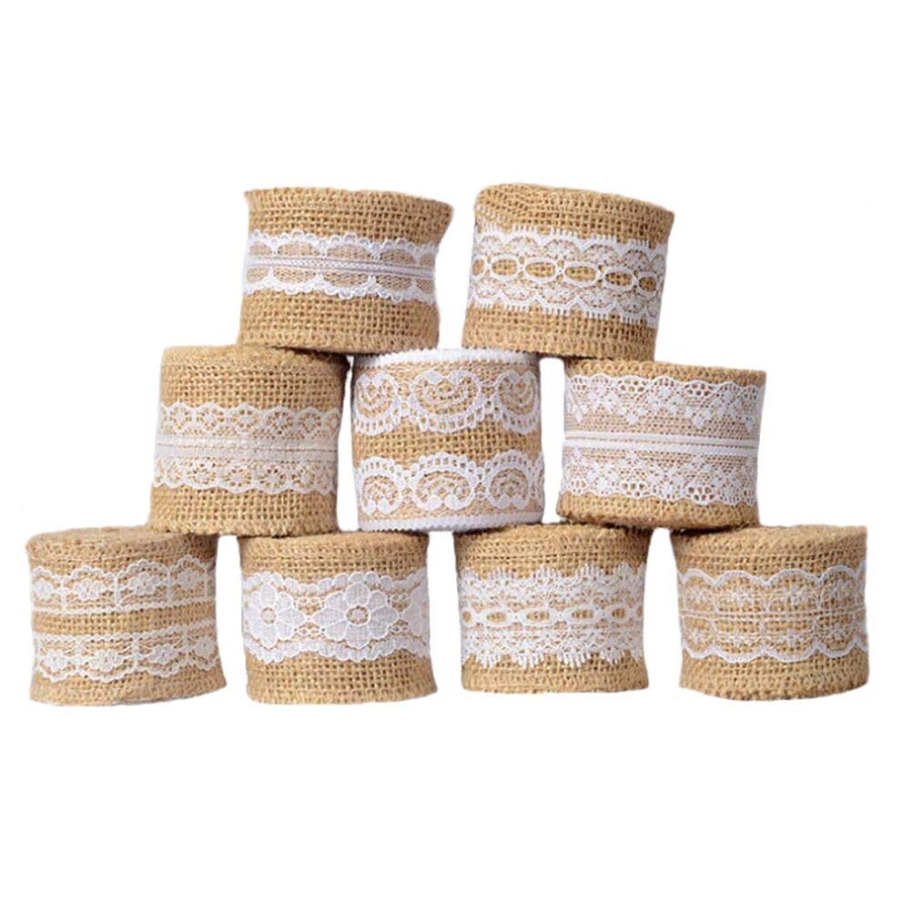 Burlap Ribbon Roll,9 Rolls Natural Burlap Ribbons Jute Hessian Wreath Jute Twine Linen with White Lace for Gift Wrap Crafts Handmade Wedding Party Decoration 5 * 100CM