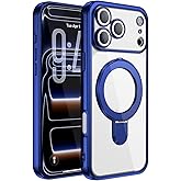 Nzenguer Magnetic for iPhone 17 Pro Max Case with Stand Clear [Compatible with MagSafe] [Full Camera Protection] Plating Transparent Slim Phone Case for iPhone 17 Pro Max Men Women Girls, Clear Blue