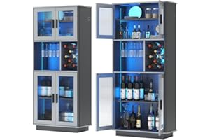 LVSOMT LED Wine Bar Cabinets with Removable Wine Rack, Bar Cabinets for Liquor with Light Motion Sensor, Kitchen Cabinet Storage for Dinning Room, Living Room (Dark Grey + Light Grey)