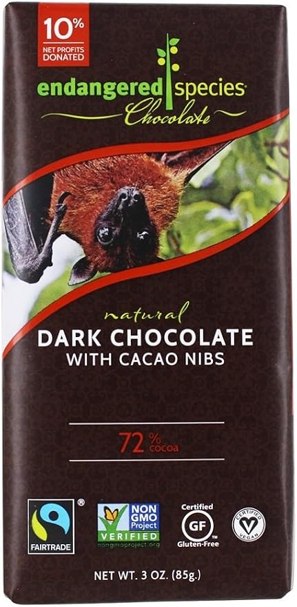 Endangered species chocolate Dark chocolate with cocao nibs bar Natural - bat (037014242485)