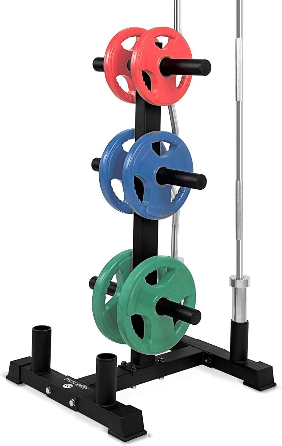 Photo 1 of SereneLife 6-Pegs Olympic Weight Plate Rack & 4 Barbells - 800 Pounds Capacity, Heavy Duty Gym Organizer, Scratch Resistant Frame, Powder-Coat Finish, Easy to Assemble, Compact & Space-Saving