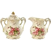 YOLIFE Ceramic Sugar and Creamer Set, Vintage Sugar Bowl (Pink Rose) | Ivory Vintage Porcelain Pitcher Creamer Sugar Bowl with Lid, Golden Leaves Edge (12oz Sugar Bowl &amp; 8oz Creamer)