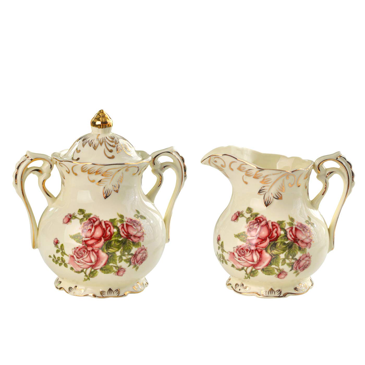 YOLIFE Ceramic Creamer and Sugar Set, Ivory Porcelain Flower and Gold Leaves Edge (Pink Rose)