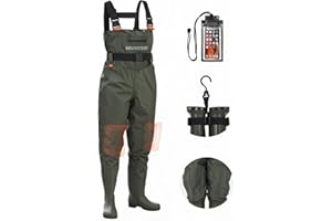 HUNTSEN Fishing Waders for Men Women - 2-Ply Nylon/PVC Waterproof Hunting Chest Waders with Boot Hanger&Phone Case, Size10-12