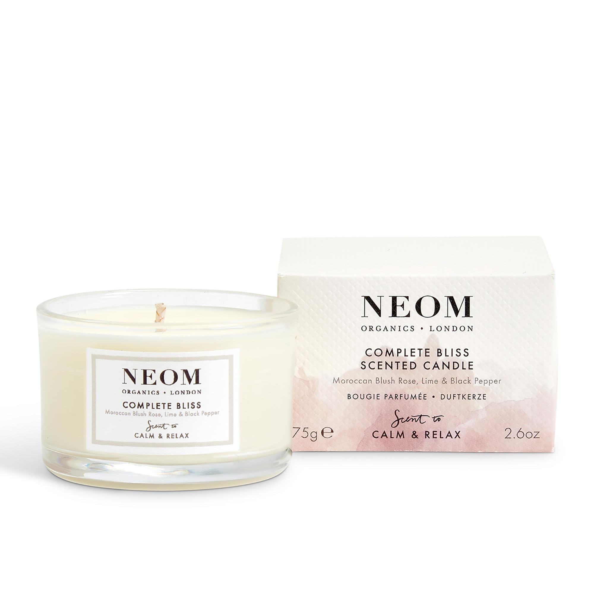 NEOM- Complete Bliss Scented Candle, Travel Size | Blush Rose, Lime & Black Pepper | Essential Oil Aromatherapy Candle | Scent to De-Stress