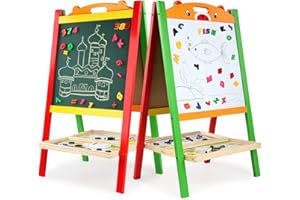 Kalatic Wooden Art Easel for Kids (Double Sided) - Standing Whiteboard Chalkboard Small Toddler Toys - Includes Wooden ABC Numbers KT-008-E