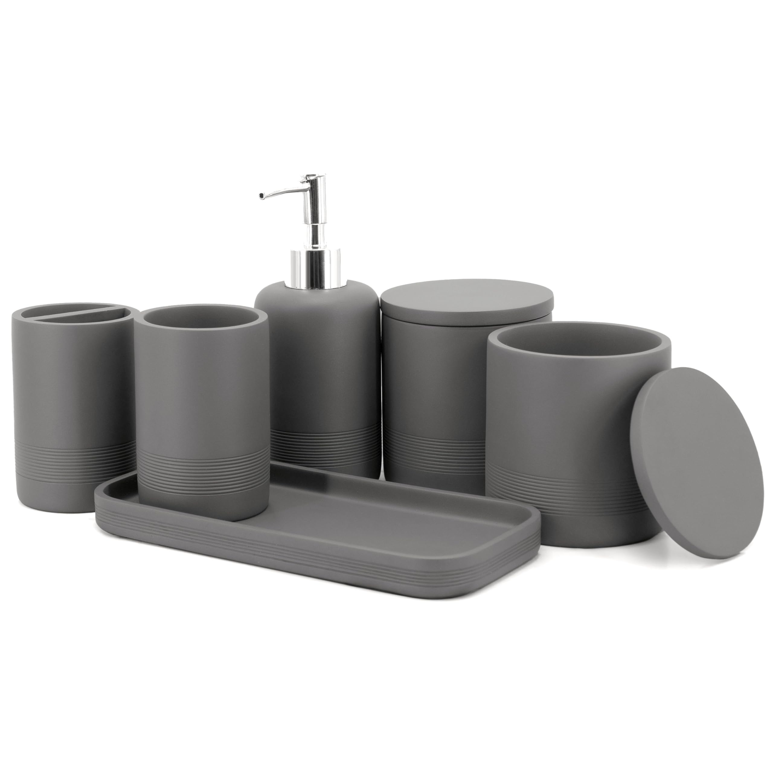 ZCCZ Grey 6-Piece Bathroom Accessory Set - Organizer With Toothbrush Holder, Soap Dispenser, Vanity Tray, 2 Q-tip Holders - Modern Decor