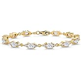 Gem Stone King 18K Yellow Gold Plated Silver White Moissanite Tennis Bracelet For Women (6.91 Cttw, Gemstone Birthstone, Oval 6X4MM, 6.5, 7, 7.5 Inch)