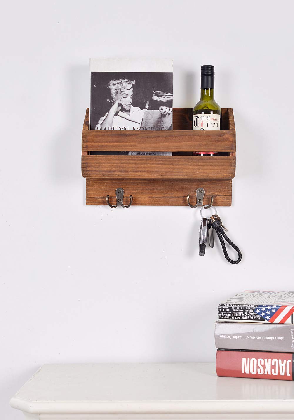 Large Rustic Wall Mount Mail Organizer Wooden Wall Decor Entry Coat Rack Letters Keys Magazines Hanger with Solid Wood Shelf and 2 Double Key Hooks