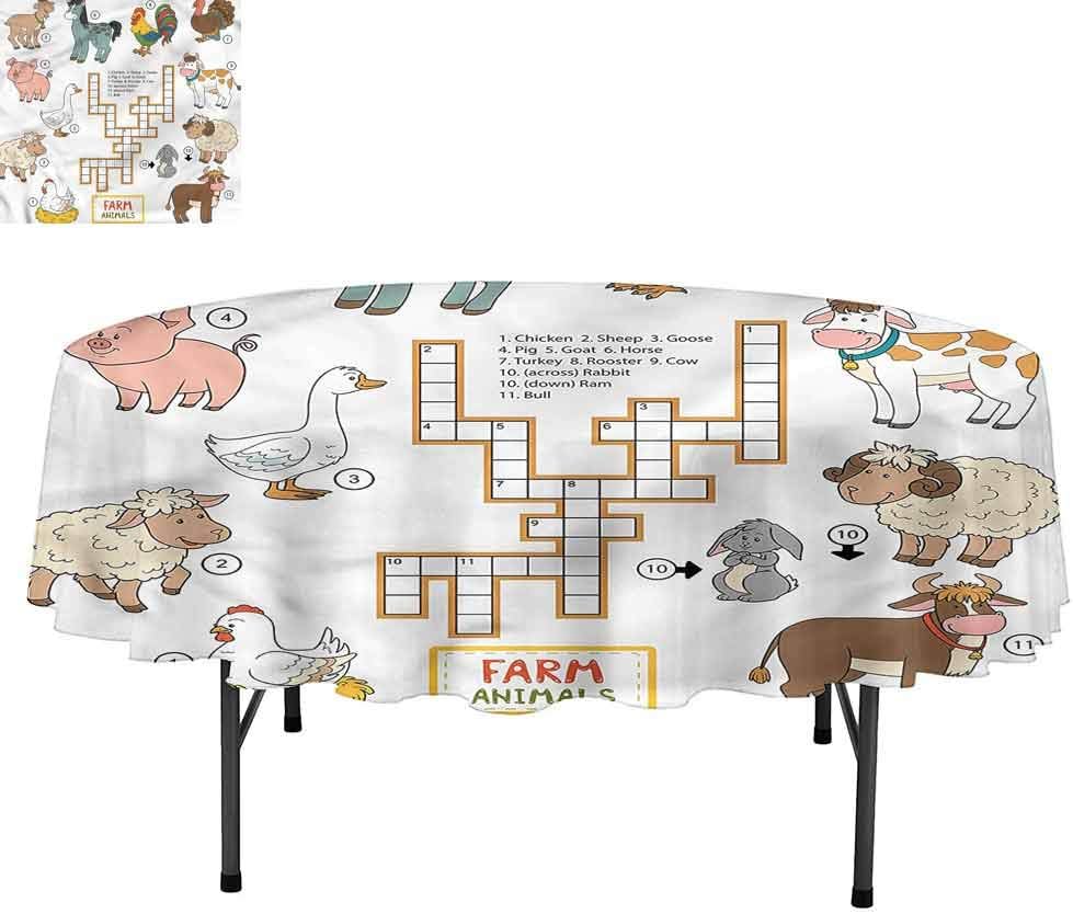 Aishare Store Kids Game Round Polyester Tablecloth, Crossword Farm Animal, Dust-Proof Table Cover for Kitchen Dinning, Round 36"