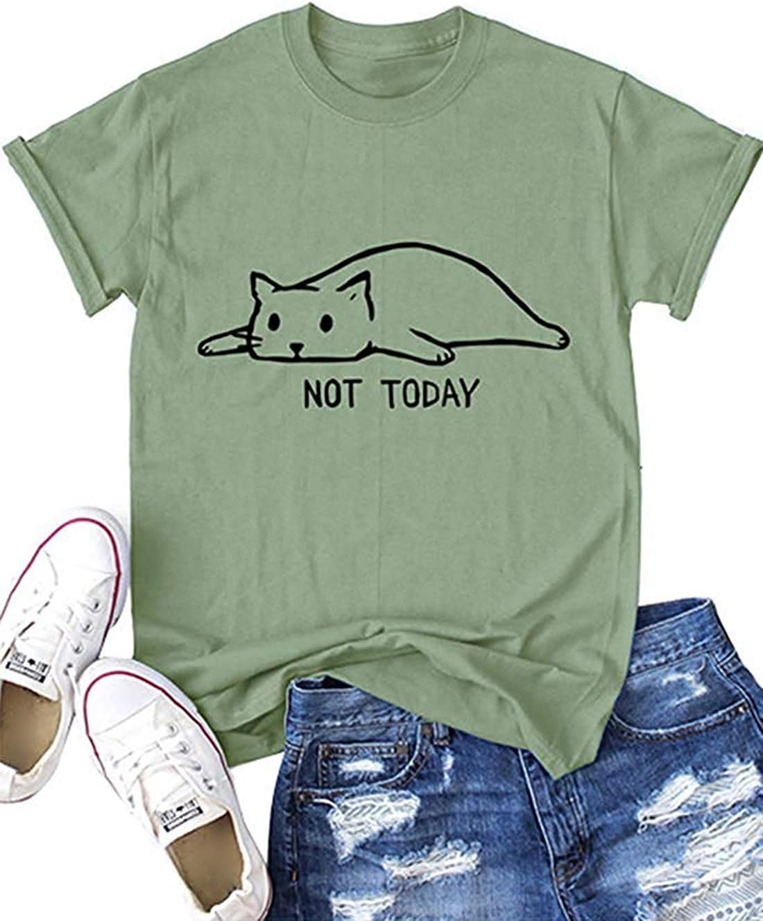 Doballa Women's Funny Lazy Cat Print Round Neck Tee Short Sleeve T Shirt Cute Tops