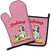 GEYGIE Baking Because Murder is Wrong Funny Oven Mitts and Pot Holders Set, Vintage Baking Kitchen Gadgets, Sarcastic Baking Gifts for Women Chef Hostess Mom Sister BFF Baking Lovers