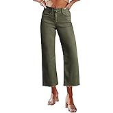 Allimy Women's High Waisted Straight Ankle Wide Leg Ripped Jeans Frayed Hem Stretchy Capri Denim Pants
