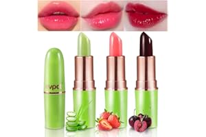 evpct 3Pcs Magic Color Changing Lipstick Long Lasting Waterproof 24 Hours Original for Women, Aloe Vera Strawberry Black Red Cherry PH Mood Permanent Color Changing Lipstick Lip Balm, labial magico