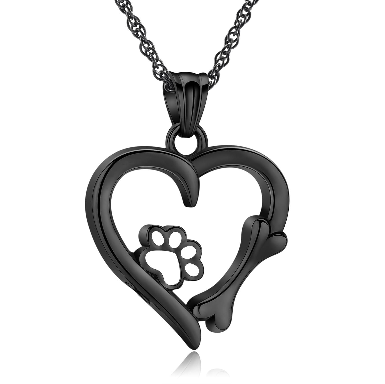 QGJNSGC Paw Print Urn Necklace Heart Locket Necklace for Ashes Dog Cat Charms Pendant Cremation Jewelry Cat Dog Keepsake Memorial Gifts for Women Girls (Black)