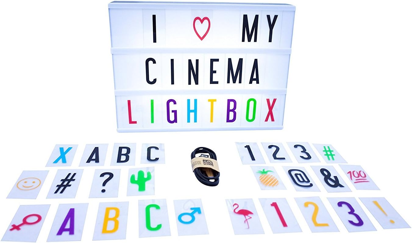 Cinema Lightbox - LED Cinematic Marquee Sign With Extra Changeable Letters, Symbols, Colors, and Numbers - USB or Battery Powered (Original Light Box with 100 Vibrant Letter Pack)