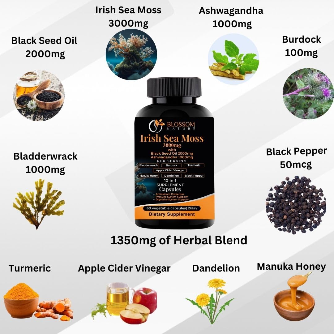 10-in-1 Irish Sea Moss Veggie Caps 3000mg Black Seed Oil Ashwagandha Bladderwrack Burdock Turmeric Apple Cider Vinegar Manuka Honey Dandelion Black Pepper - Made in US(Veggie Caps, Unflavored)