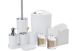 BTHENOV Bathroom Accessory Set - 10 Piece White Bathroom Accessories Set with Trash Can, Toothbrush Holder and Cup, Soap Dispenser, Soap Dish, Toilet Brush Holder, Vanity Tray, Qtip Holder, Tissue Box Cover
