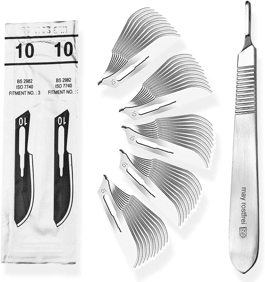 Set - 50 piezas hojas de bisturí No. 10 y mango de bisturí No. 3 - Hojas de repuesto para bisturí hechas de acero al carbono - Estéril