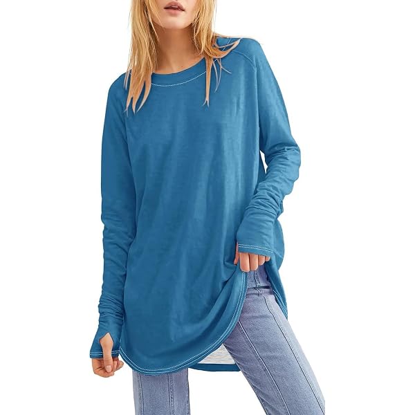 QACOHU Women's Long Sleeve Tunic Top - Loose Casual Pullover With Side Split For Fall & Leggings (Blue Light, X-Large) - View #2