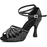 JUODVMP Women's Latin Dance Shoes Rhinestones Satin Ballroom Dancing Shoes Salsa Professional Dance Shoes
