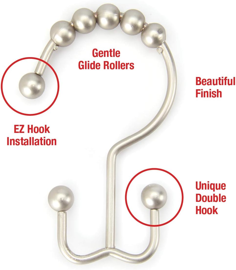2lbDepot Double Shower Curtain Hooks Rings (Brushed Nickel, Satin Decorative Finish) Premium Rust Resistant Stainless Steel Metal Hook, Roller Balls Glide on Shower Rods, Set of 12: Home & Kitchen
