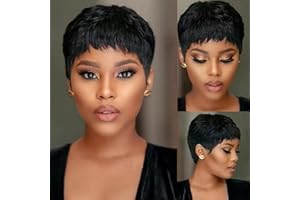 MISNEY Pixie Cut Wig Human Hair Short Pixie Cut Wigs for Black Women Human Hair Glueless pixie Wig Layered None Lace Front Wig with Bangs Natural Straight Full Machine Made Wig 1B Color