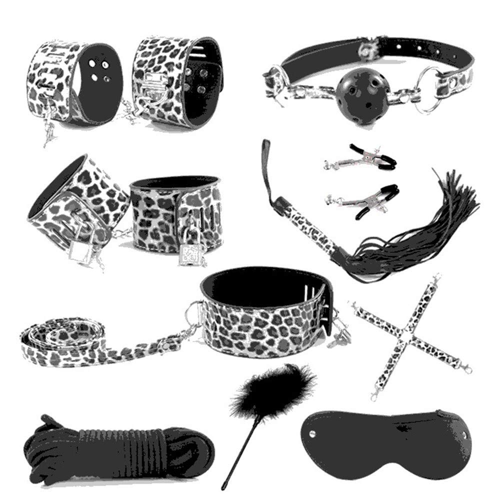 Bed Restraints Leather Handcuffs Leopard Ring with Lock 10 Piece Set,Silver