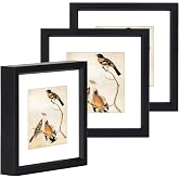 BKABOT 3x3 Black Square Picture Frame HD Glass 3Pack 2x2 Mat Wall Table | Brushed aluminum photo frame removable mat &amp; metal hooks velvet backing easel for tabletop &amp; wall mount