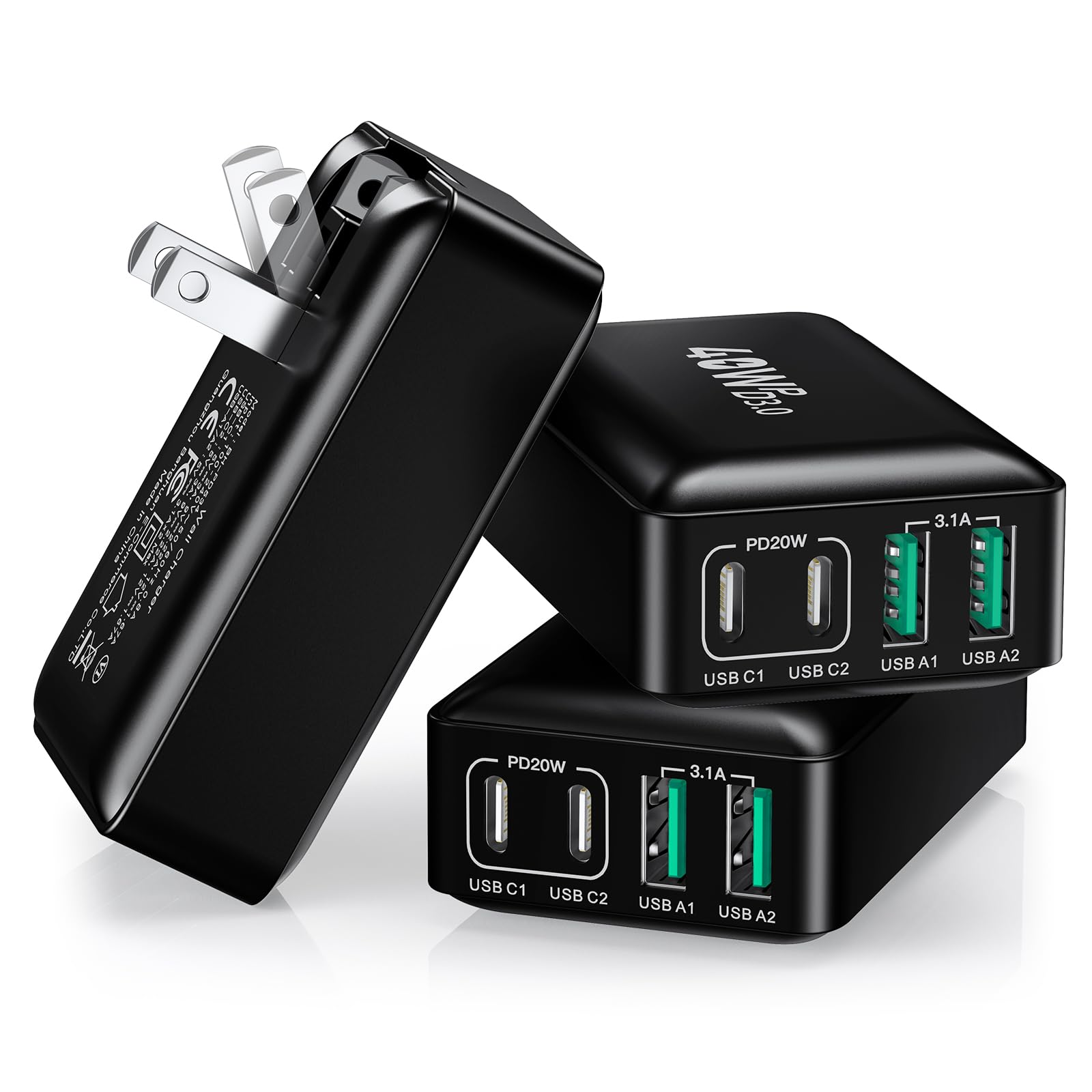 Photo 1 of [3-Pack] Flat USB C Wall Charger, 40W Slim Fast USB C Charger Block, 4-Port PD Power Adapter + QC Wall Plug Multiport Type C Charging Block Cube Compatible with iPhone 15 14 13 12 11 Pro Max,Samsung