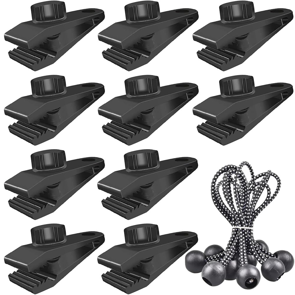 Tent Clamp Set, 30 Tarpaulin Clips Set, 10 Tarpaulin Clips, Tent Clips, Crocodile Mouth Clip & 10 D-Shape Carabiner & 10 Rubber Tensioners Ball Bungee Cord for Tarpaulins, Awnings, Caravans, Canopies