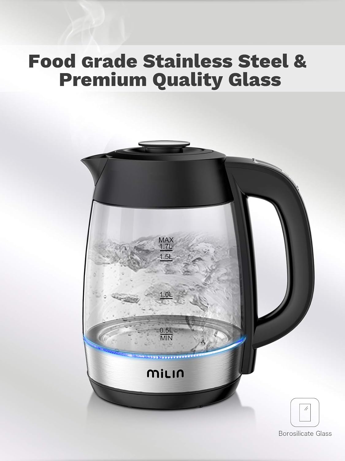MILIN Electric Kettle, Hot Water Glass Kettle, 6 Level Temperature Control, 1.7L, Cordless with LED Indicator, 1500W, Auto Shut-Off and Boil-Dry Protection: Kitchen & Dining