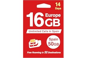 GIFFGISS European Prepaid SIM Card EU Roaming Data 16GB Travel in 32 Countries (Spain 50GB+Unlimited Calls) Supported Mobile Hotspot Traveler Use in UK for 14 Days