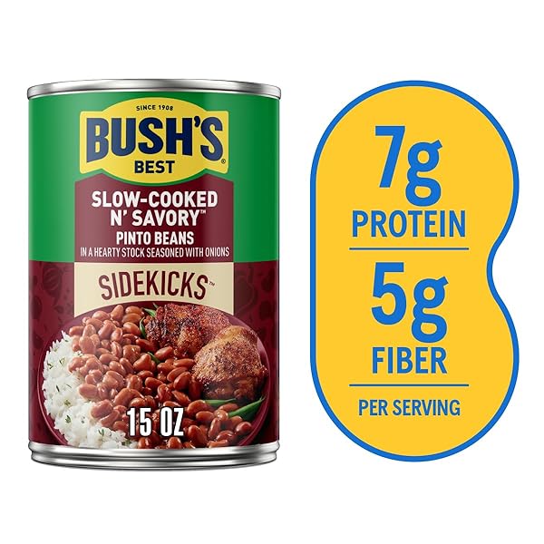 BUSH’S BEST 15OZ CANNED SLOW-COOKED N’ SAVORY PINTO BEANS, SOURCE OF PLANT BASED PROTEIN AND FIBER, LOW FAT, GLUTEN FREE