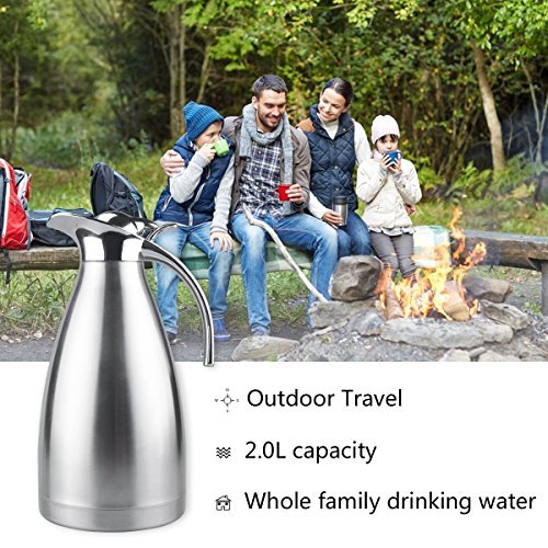 Thermal Carafe Stainless Steel Double Wall Vacuum Insulated 68 Oz Large Capacity Tea/Water Pitcher with Press Button Silver-JUNING - Thumbnail 4