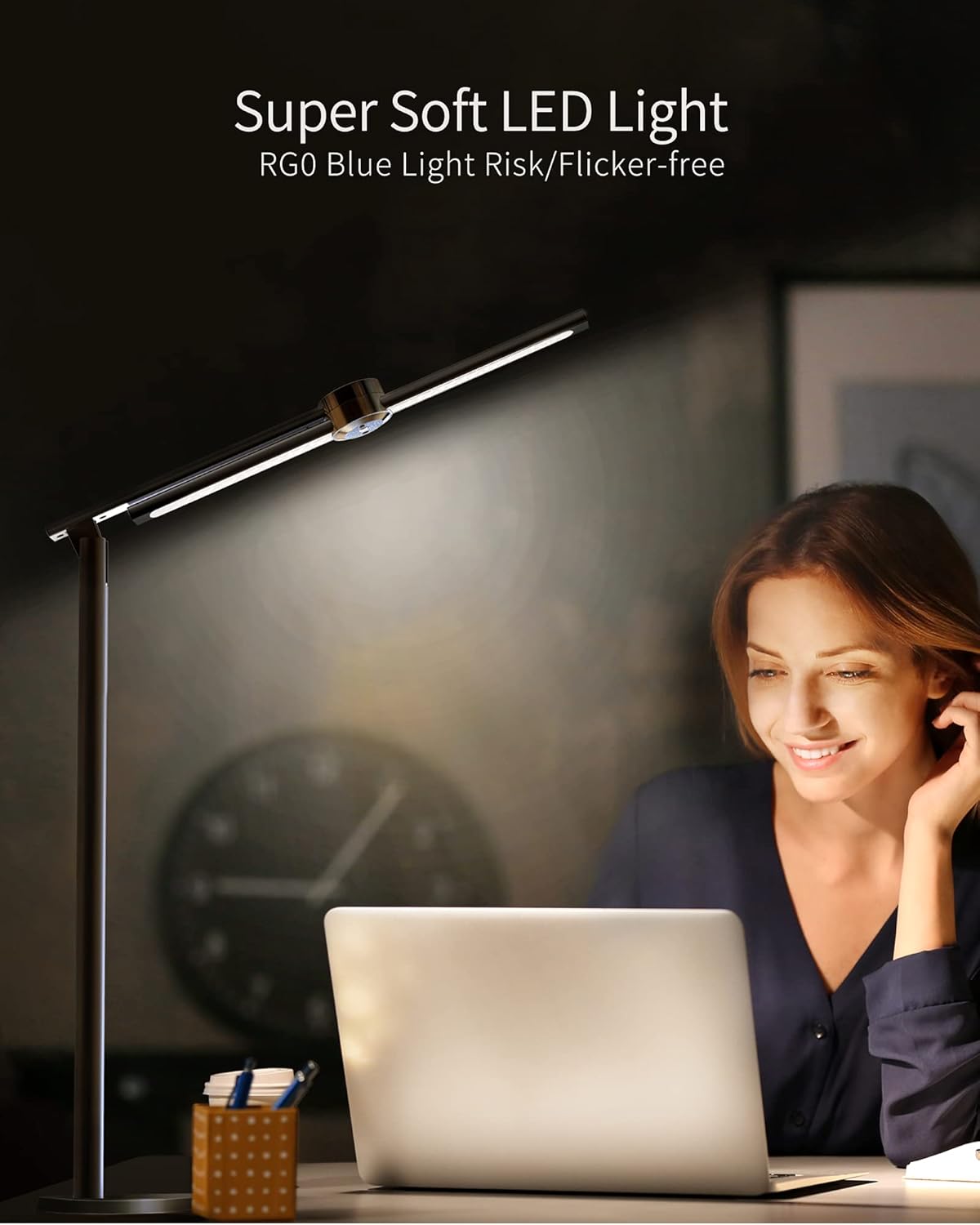 EZVALO Smart LED Desk Lamp Eye-Caring Table Lamps with Motion Sensor Detector, Professional Ai Intelligent Dimmer Desk Light for Reading, Studying, Home Office (Black) - - 