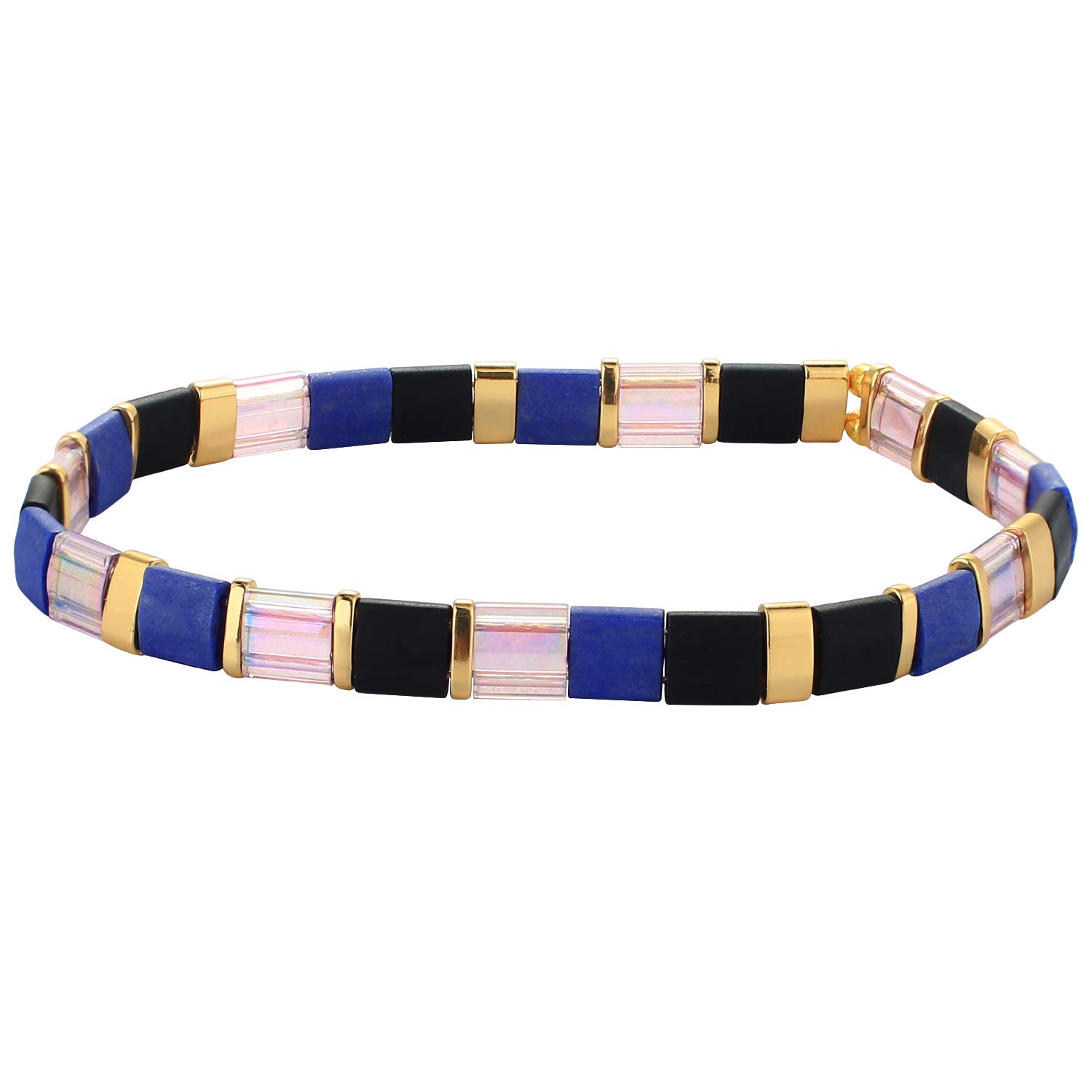 KELITCH Colorful Friendship Stretch Bracelets Candy Miyuki Beads Bracelets Mixed Strand Bracelets - Blue Black 02A