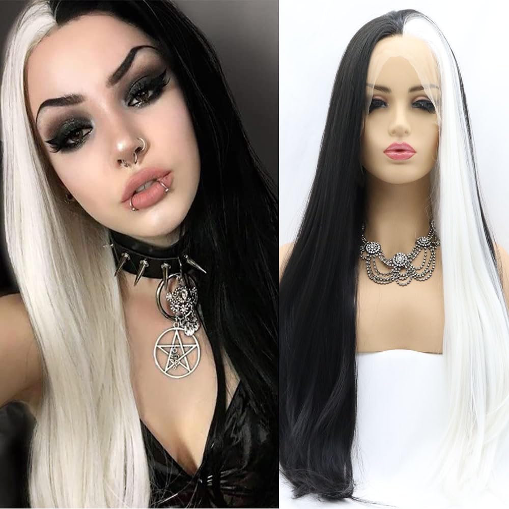 Xiweiya Straight White Color Synthetic 13 * 3 Lace Front Wig Mermaid Piano Half Blonde White Half Black Middle Part Soft Wig Hair Replacement Wig for Women, Drag Queen Makeup 24 inch