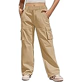 Haloumoning Girls Cargo Pants Casual Baggy Wide Leg Elastic Waist Jogger Trousers with Pockets 5-14 Years